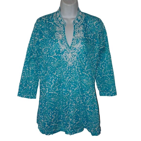 Lilly Pulitzer Sarasota Blue beaded Tunic Top Size S‎  Shells Print Beach Casual - Picture 1 of 6